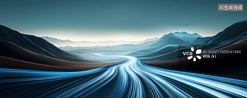 【AI数字艺术】抽象高速公路和远山科技感背景图片素材