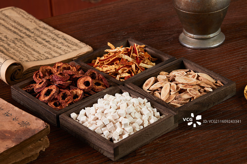 中药材茯苓搭配黄芪山楂与陈皮图片素材