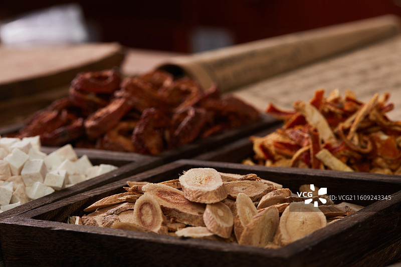 中药材茯苓搭配黄芪山楂与陈皮图片素材