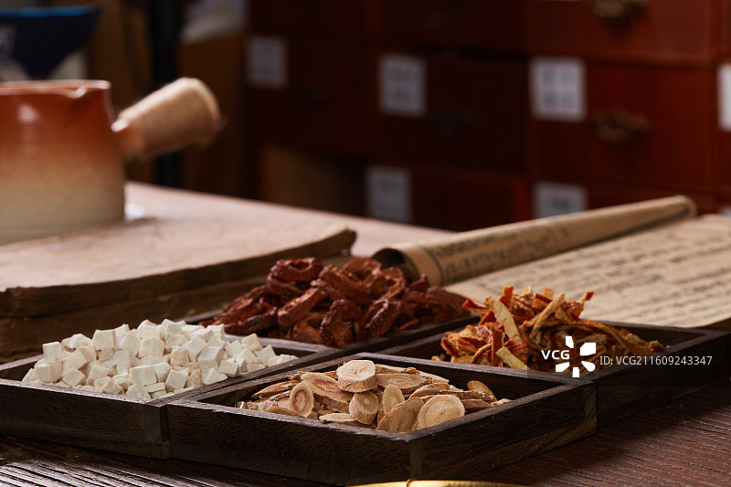 中药材茯苓搭配黄芪山楂与陈皮图片素材