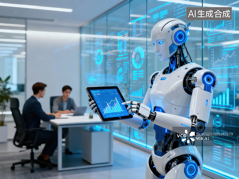 【AI数字艺术】机器人在办公室展示数据图片素材