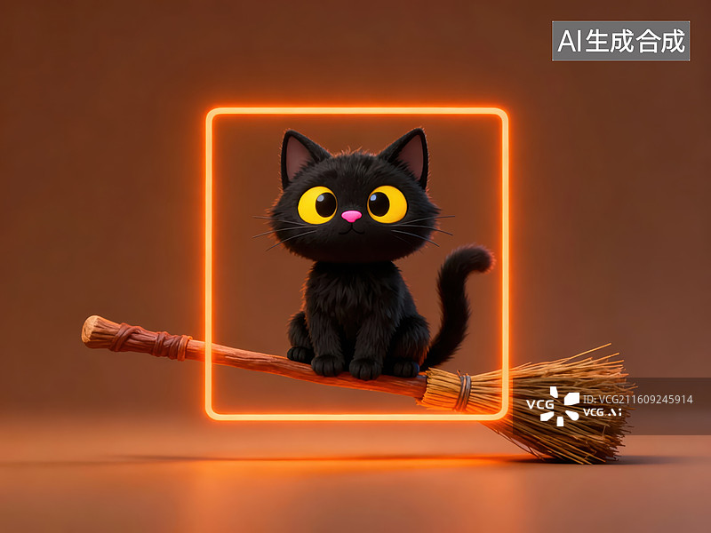 【AI数字艺术】黑猫坐在扫帚上发光框中图片素材