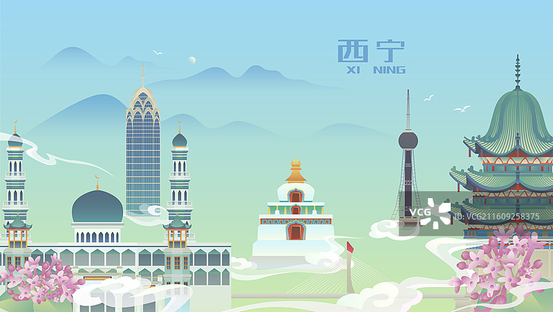 西宁城市风光插画图片素材