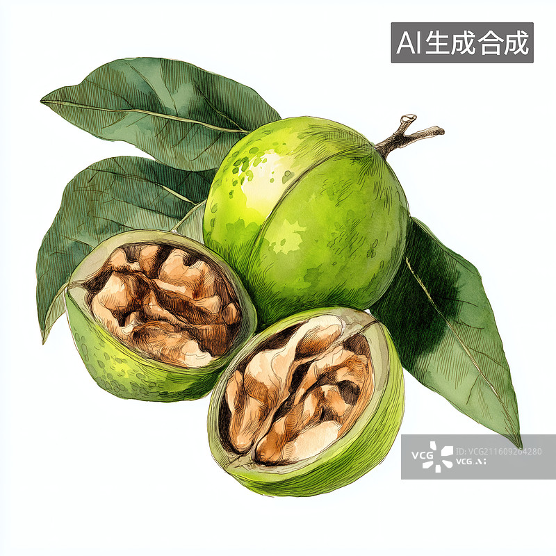 【AI数字艺术】青皮核桃水彩画图片素材