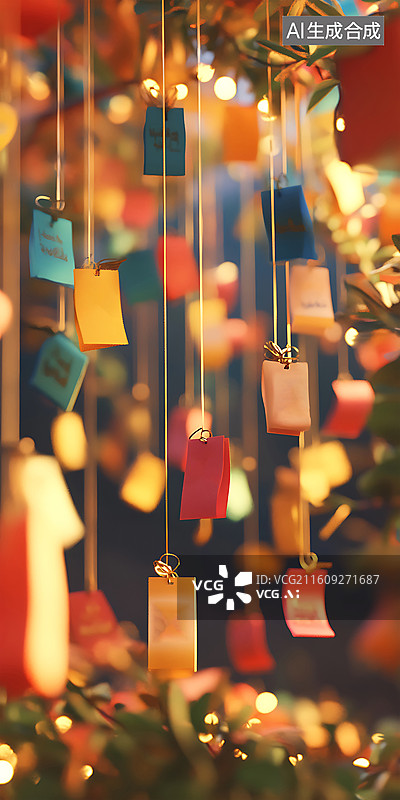 【AI数字艺术】悬挂的祝福心愿热闹庆祝背景图片素材