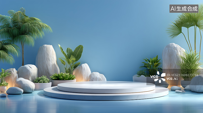 【AI数字艺术】蓝色背景下的白色圆形展台图片素材