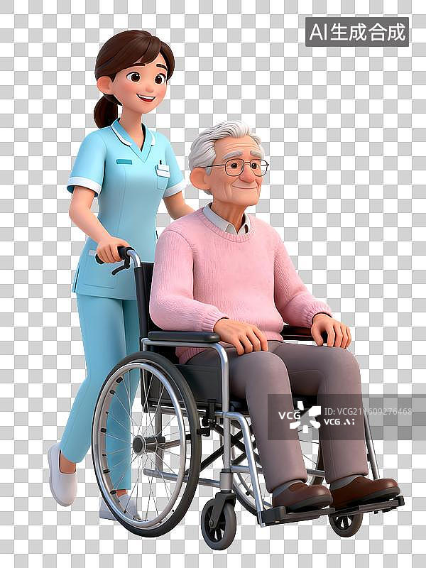 【AI数字艺术】3D在养老院里，女护士推着坐轮椅的老人图片素材