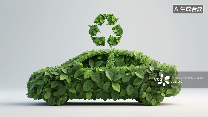 【AI数字艺术】白色背景下由绿植绿叶覆盖组成的汽车与回收标志形态特写，绿色出行可持续发环保新能源电动智能汽车概念图片素材