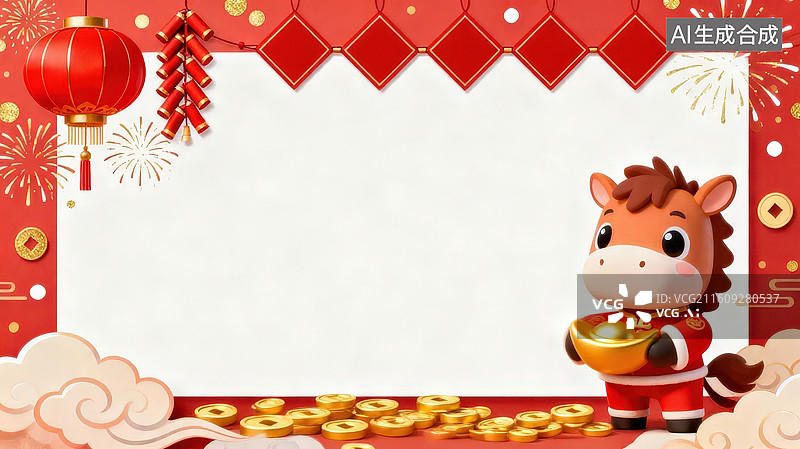 【AI数字艺术】马年新春卡通小马抱元宝红色喜庆背景，新年祝福空白模板喜庆公告春节店铺放假通知海报红色背景图片素材
