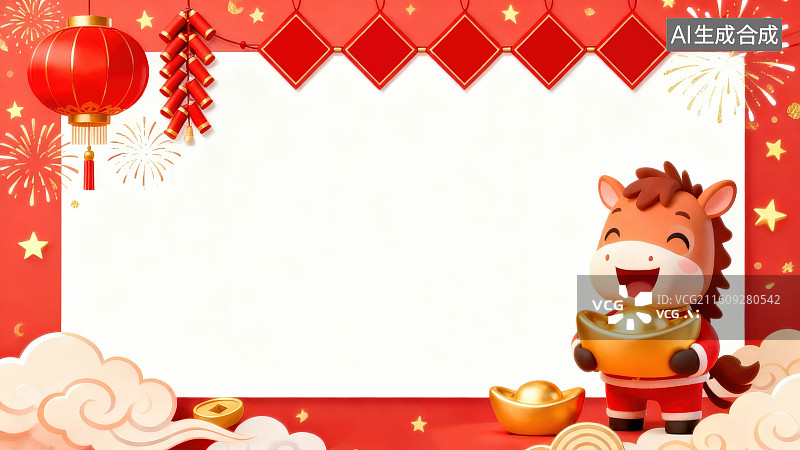 【AI数字艺术】马年新春卡通小马抱元宝红色喜庆背景，新年祝福空白模板喜庆公告春节店铺放假通知海报红色背景图片素材