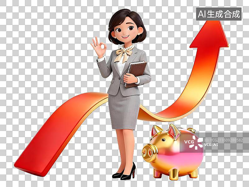 【AI数字艺术】3D理财顾问基金经理银行业服务在红色箭头图标数据前讲解股市基金年终收益图片素材