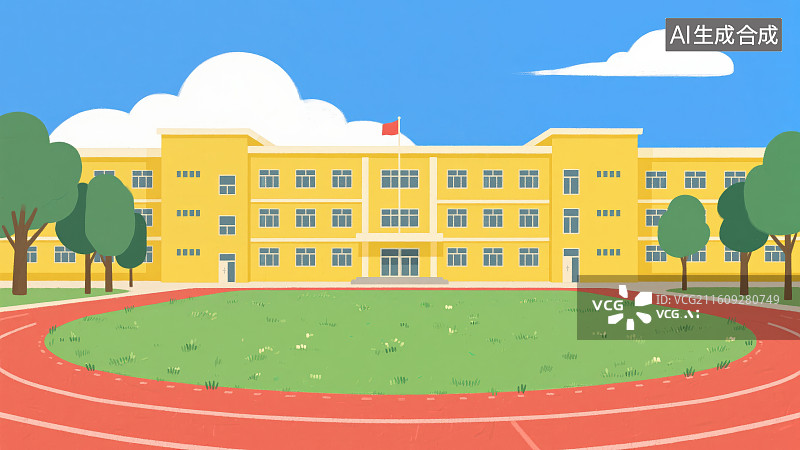 【AI数字艺术】蓝天白云下卡通校园中红色跑道红旗教学楼建筑，学校环境教育主题概念图片素材