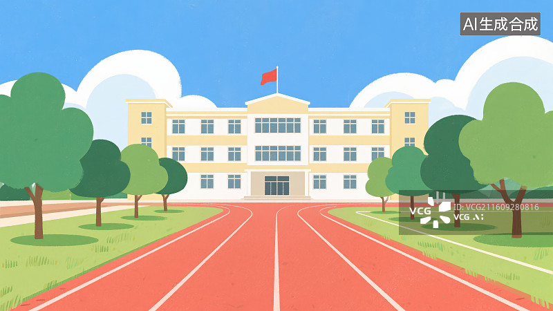 【AI数字艺术】蓝天白云下卡通校园中红色跑道红旗教学楼建筑，学校环境教育主题概念图片素材