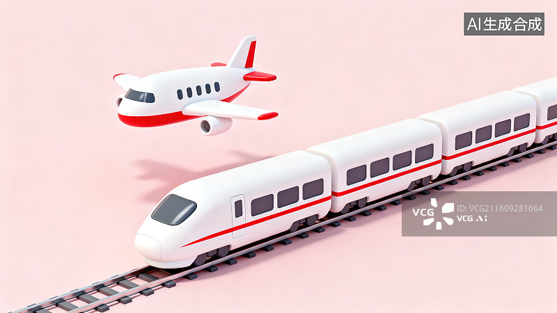 【AI数字艺术】纯色粉色背景下卡通轨道交通高铁和飞机模型，节假日出行搭乘交通工具旅行主题概念图片素材