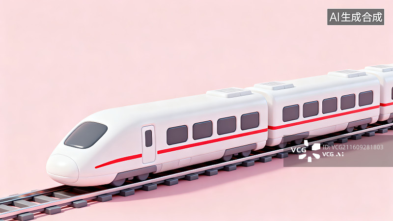 【AI数字艺术】纯色粉色背景下卡通铁轨轨道交通火车高铁模型，国庆节假日出发旅游动车高铁出行出差旅游春运回家插画背景图片素材