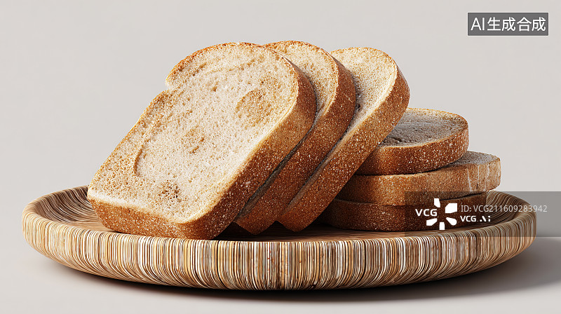 【AI数字艺术】浅灰背景下的全麦面包片竹制盘子展示图片素材