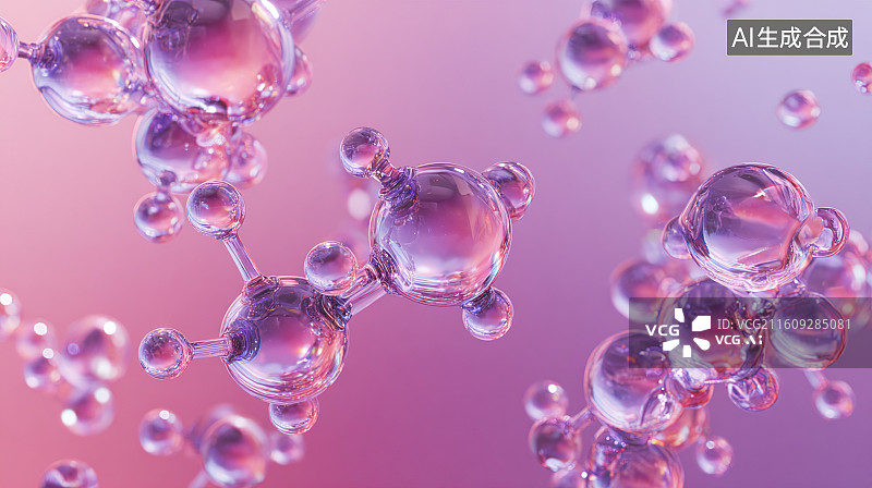 【AI数字艺术】渐变背景下的紫色透明分子结构科幻场景图片素材