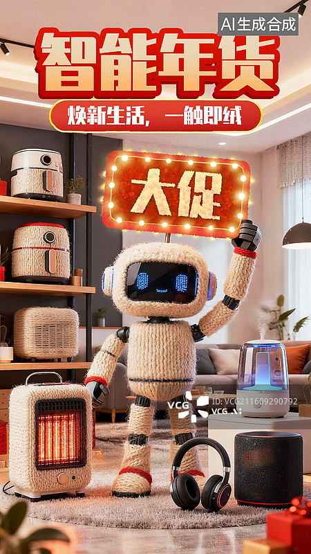 【AI数字艺术】3D毛线电商促销年货节智能年货焕新生活营销海报插画设计模版图片素材