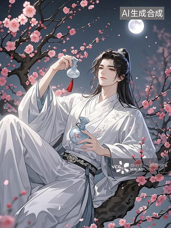 【AI数字艺术】月下雅士赏花饮酒图片素材