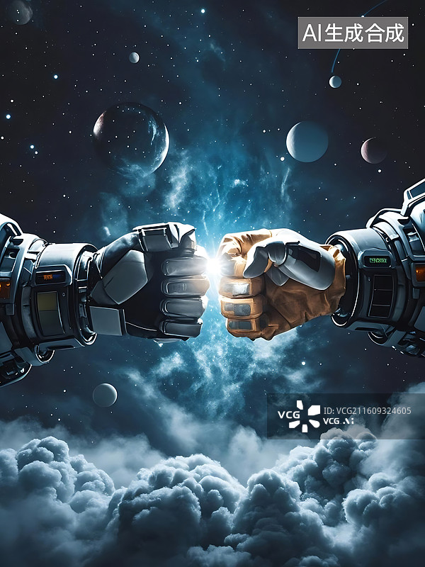 【AI数字艺术】宇宙协作：太空中的握拳致意图片素材