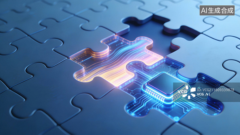 【AI数字艺术】芯片嵌入拼图的科技场景图片素材