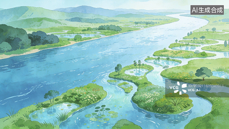 【AI数字艺术】河流蜿蜒穿过绿洲图片素材