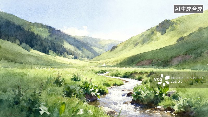 【AI数字艺术】山谷溪流绿野风光图片素材