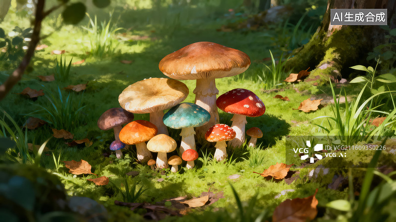 【AI数字艺术】森林中的彩色蘑菇群图片素材