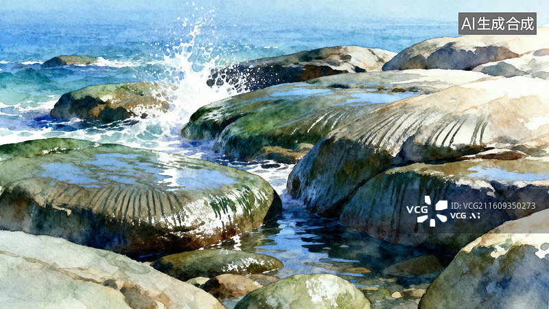 【AI数字艺术】海浪拍打岩石的自然景象图片素材
