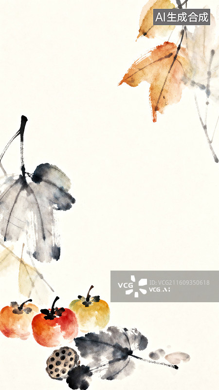 【AI数字艺术】三个柿子枯萎的莲蓬叶子秋分节气淡彩水墨插画图片素材