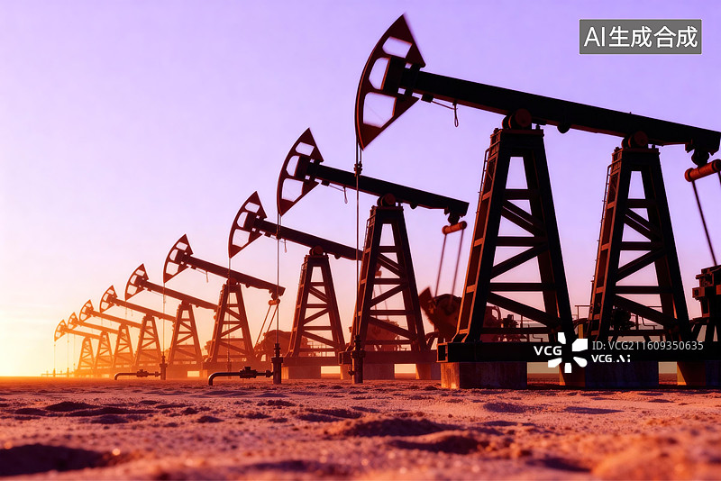 【AI数字艺术】黄昏沙漠中的游梁式抽油机磕头机油田开采场景图片素材