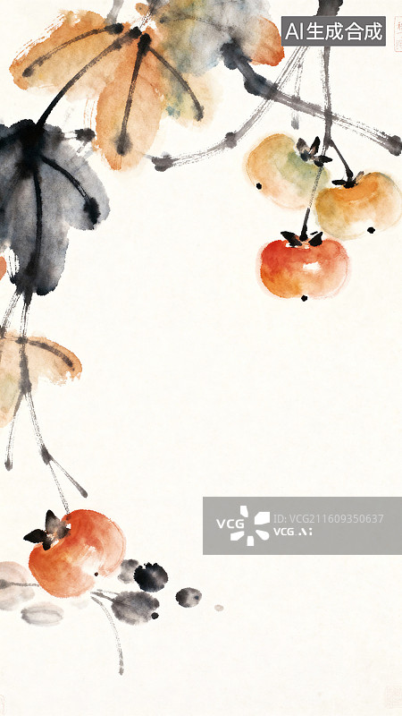 【AI数字艺术】柿子树枝的柿子叶子秋分节气淡彩水墨插画图片素材