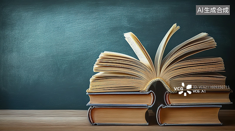 【AI数字艺术】黑板背景下打开书页一摞书——教育主题图片素材