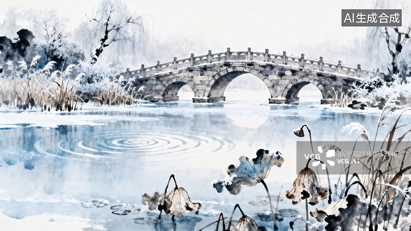 【AI数字艺术】石桥水面枯萎的荷叶树木积雪小雪节气淡彩水墨插画图片素材