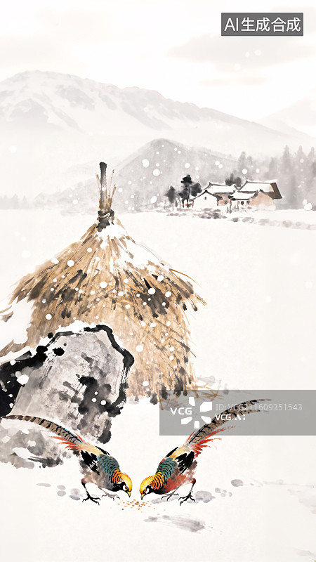 【AI数字艺术】小雪节气稻草堆野鸡石头山村淡彩水墨插画图片素材