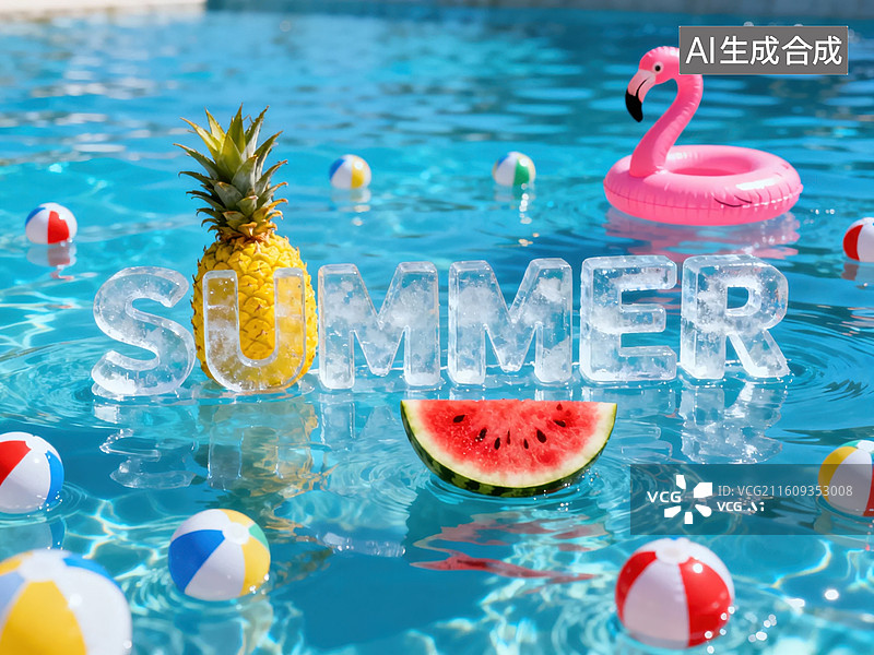 【AI数字艺术】泳池夏日水果与浮具图片素材