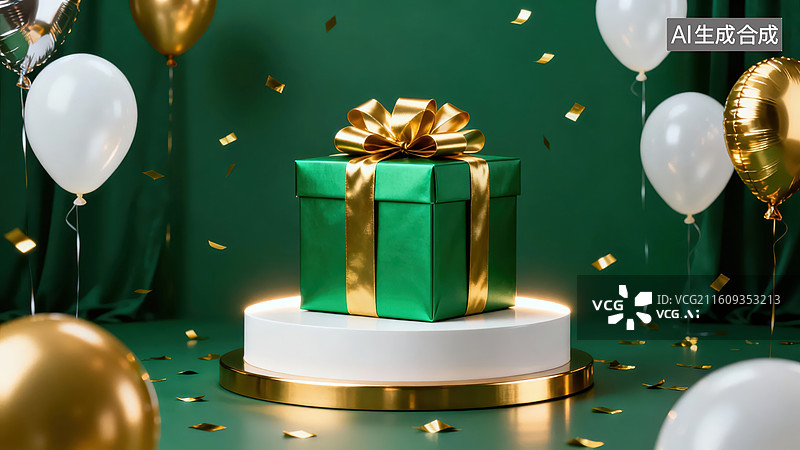 【AI数字艺术】绿色礼盒与金色蝴蝶结图片素材