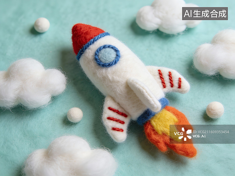 【AI数字艺术】毛毡火箭飞向云朵图片素材