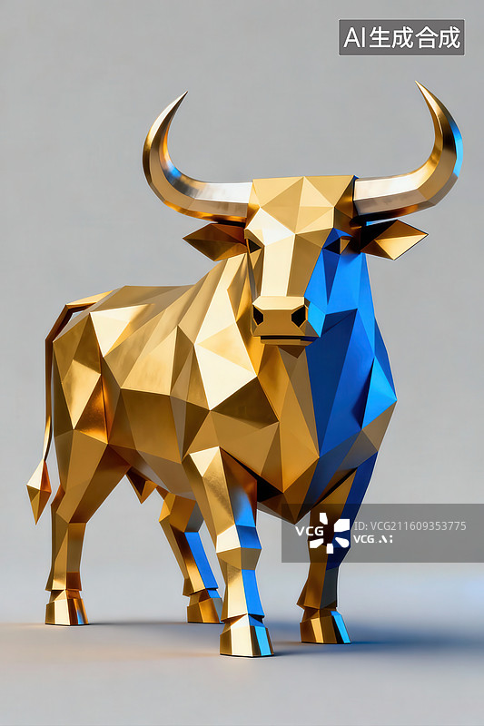 【AI数字艺术】金色多边形公牛雕塑图片素材