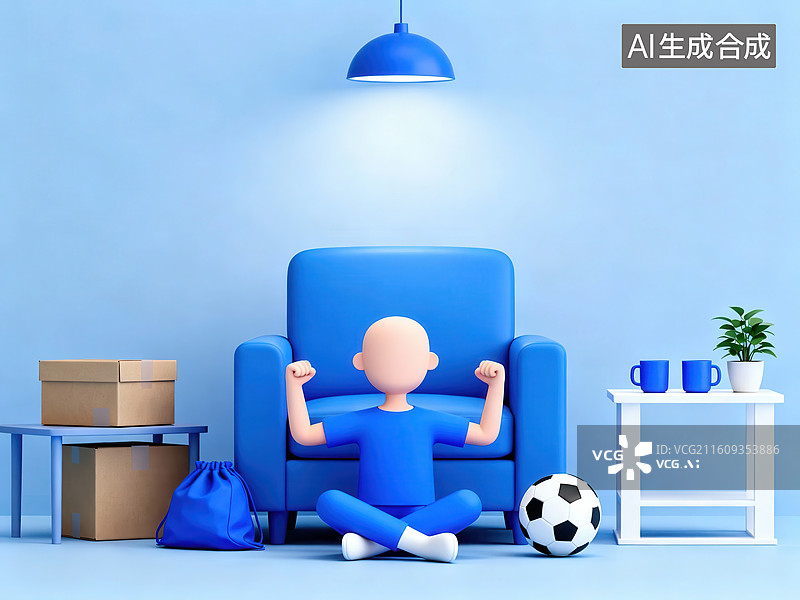 【AI数字艺术】蓝色房间中的人物与足球图片素材