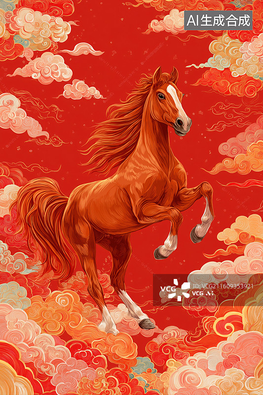 【AI数字艺术】奔马跃云红底图图片素材