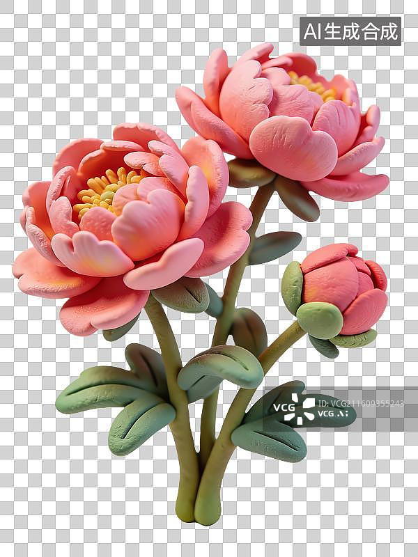 【AI数字艺术】3D卡通粘土国风牡丹花元素图片素材