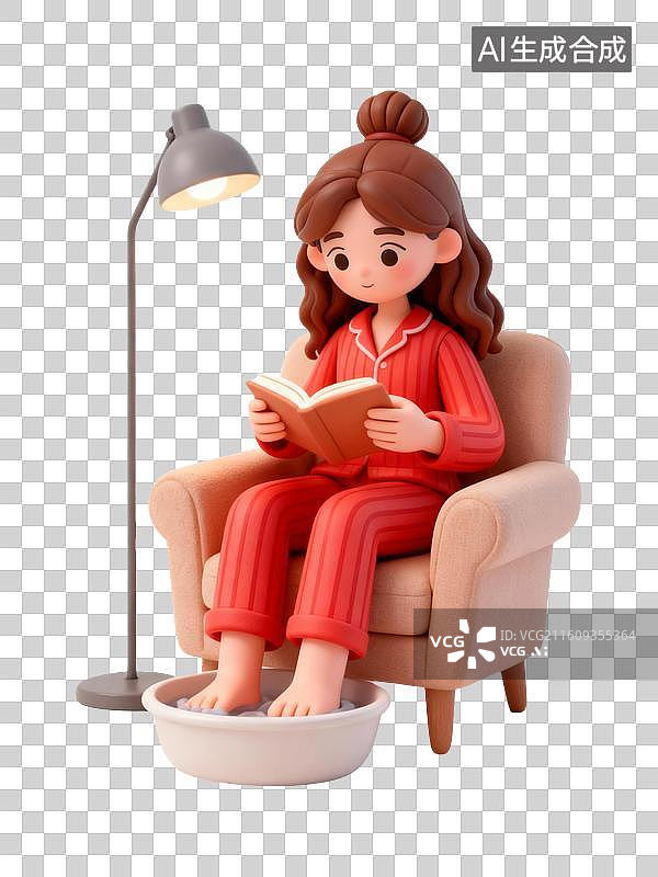 【AI数字艺术】3D卡通黏土风年轻女孩穿家居服泡脚看书图片素材