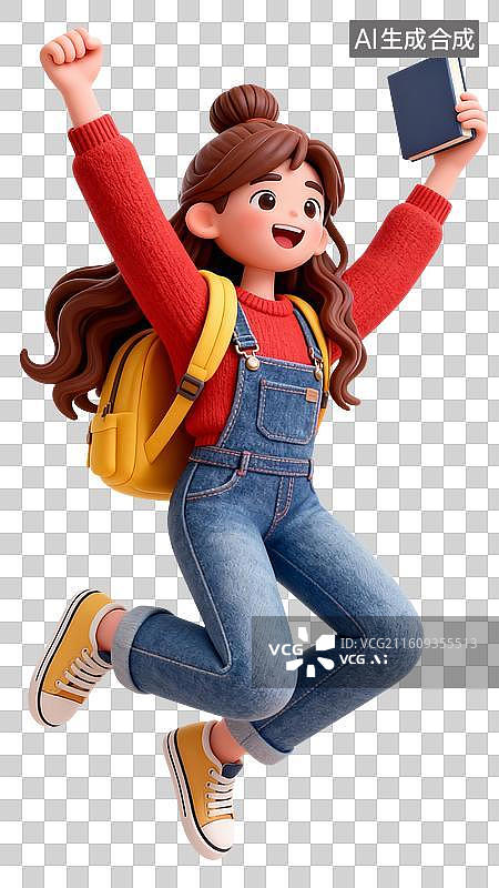 【AI数字艺术】3D卡通黏土风年轻女孩开心跳跃图片素材