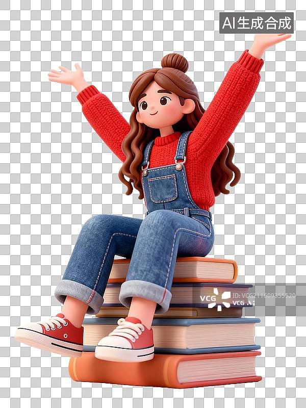 【AI数字艺术】3D卡通黏土风年轻女孩坐在书本上开心举手图片素材