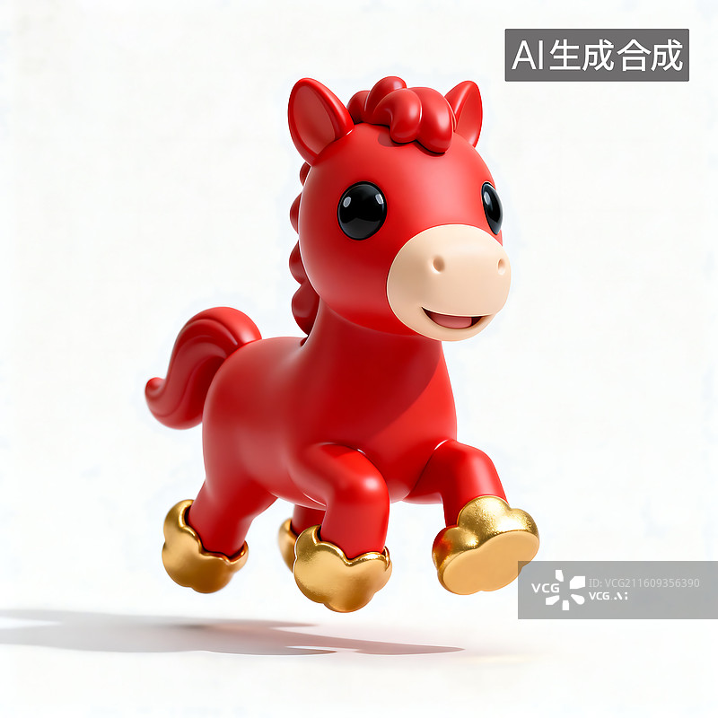 【AI数字艺术】红金配色卡通小马玩偶 可爱奔跑形象摆件 马年生肖装饰设计素材图片素材