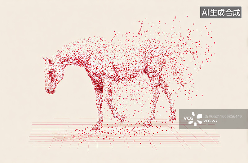 【AI数字艺术】红色粒子抽象马 点构成动态分解效果 科技感数字艺术装饰图片素材