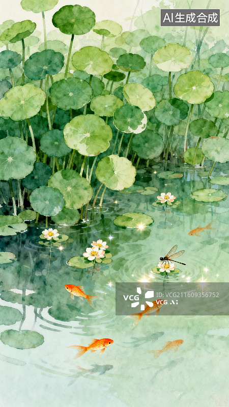 【AI数字艺术】治愈系荷塘插画，国风水彩荷塘插画图片素材
