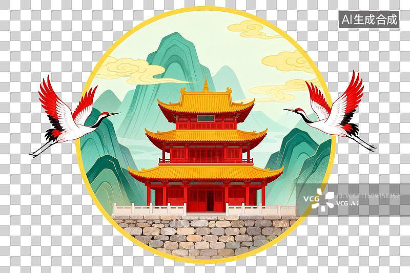 【AI数字艺术】古风楼阁仙鹤飞舞山水间图片素材