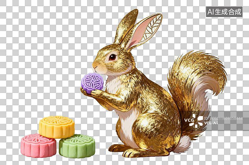 【AI数字艺术】金色兔子捧月饼中秋主题插画图片素材